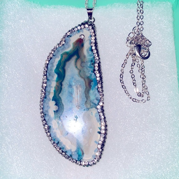 Natural Blue Agate cubic zirconia Sterling Silver 20”Necklace - Picture 3 of 6